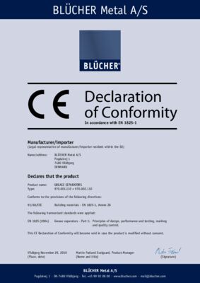 Declaration of Conformity - Grease separators in accordance with EN 1825-1