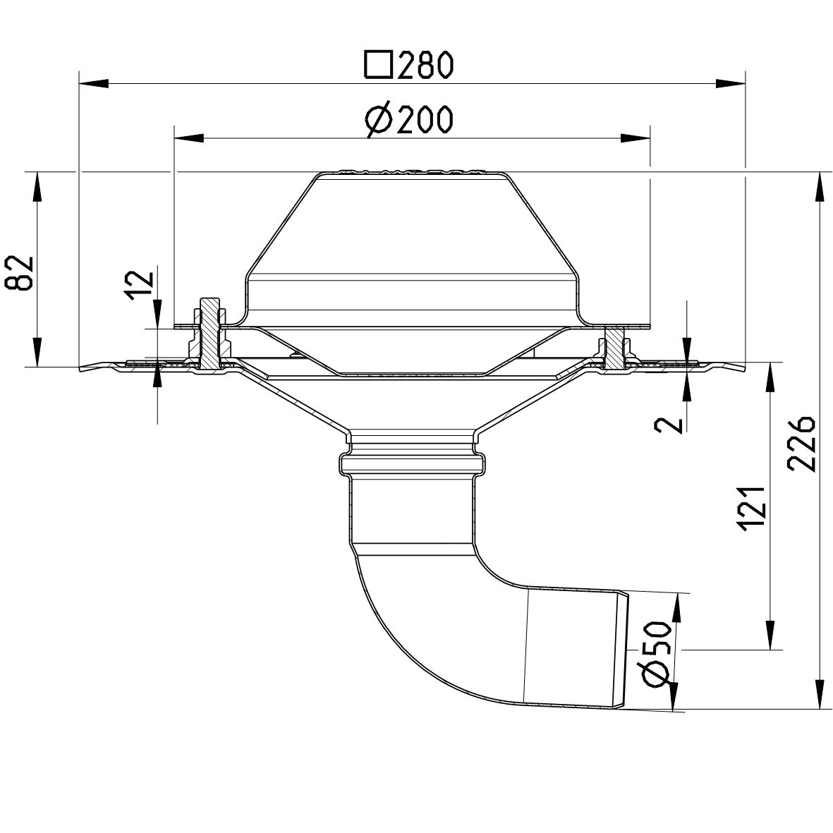 Line drawing of a drain from the series Drain for siphonic-single ply membrane.