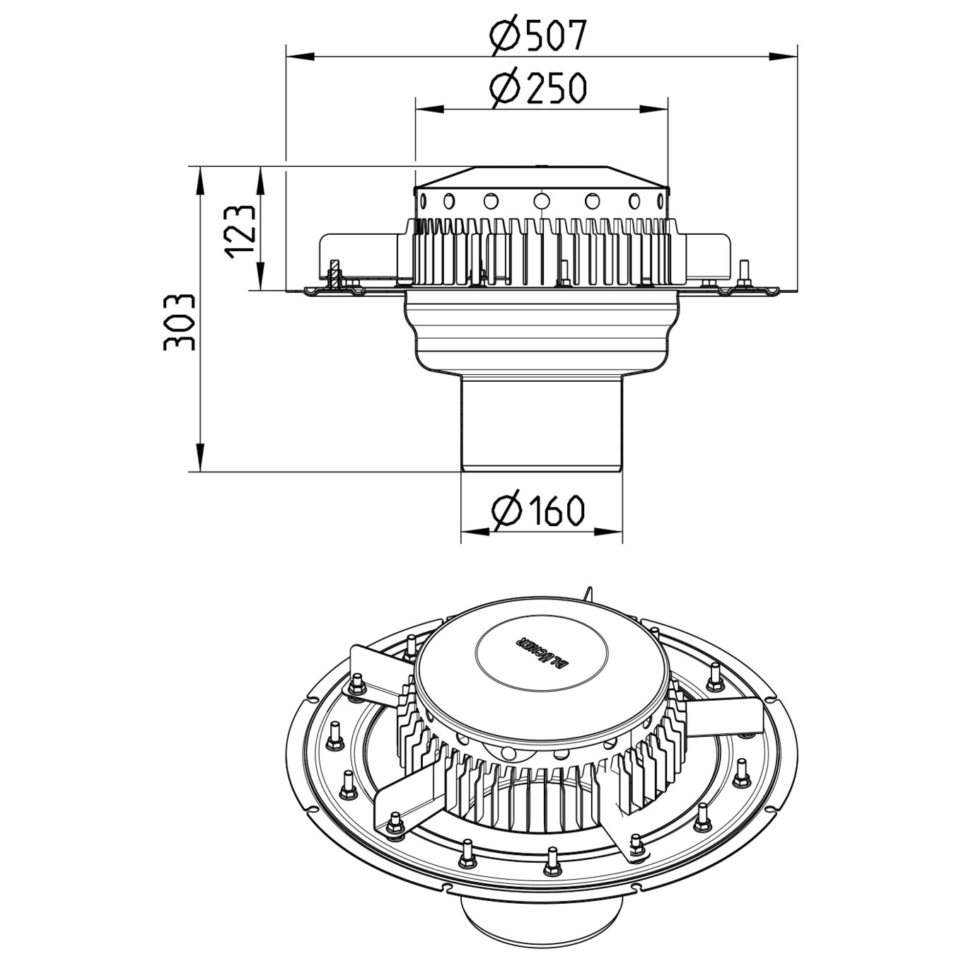 Line drawing of a drain from the series Drain for gravity-bitum or single ply membrane.